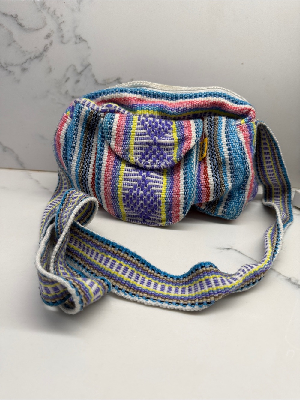 Handwoven Multicolor Crossbody Bag with Blue & Purple Stripes
